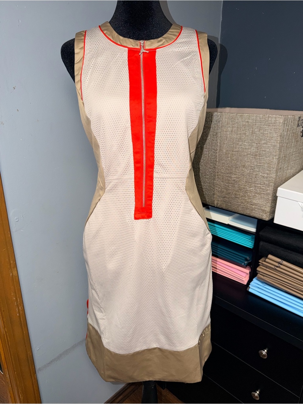 Jordan Beige and Red Sleeveless Mesh Mini Dress